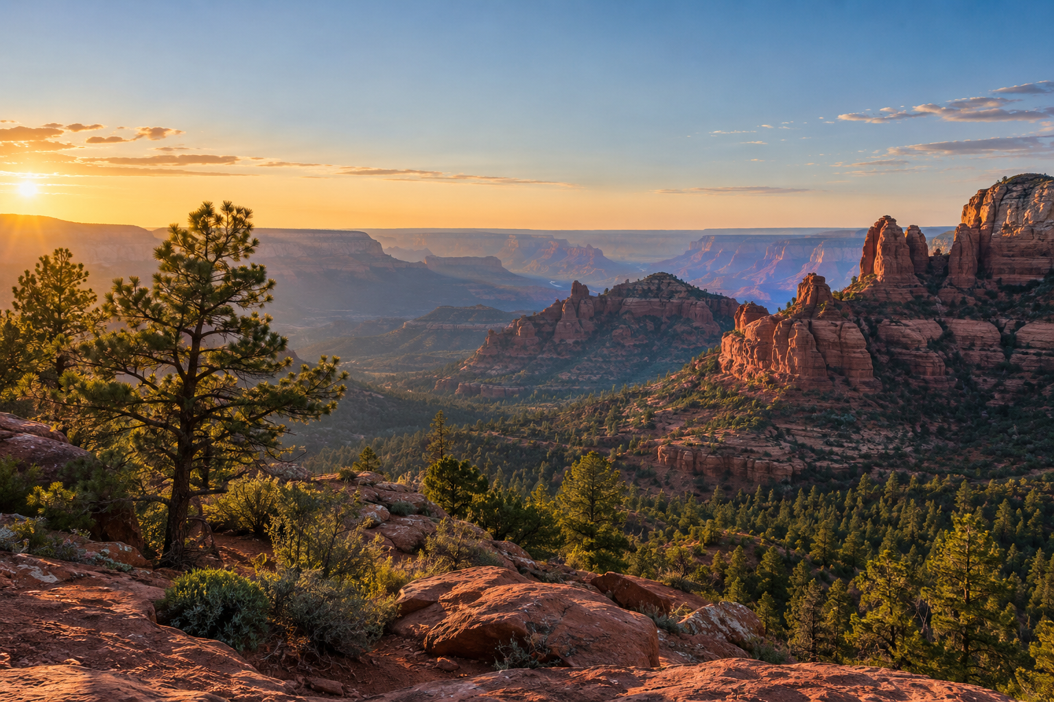 Arizona red-rock canyons and pine forest at sunrise
